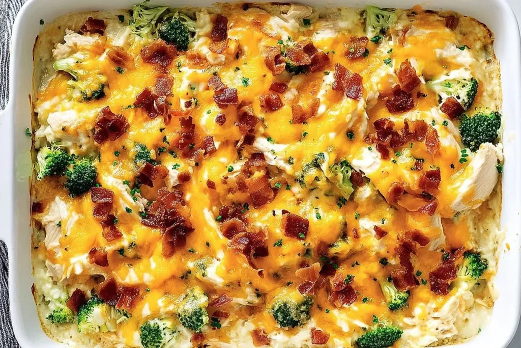Low Carb Chicken Casserole with melted cheddar, broccoli, and crispy bacon in a white baking dish