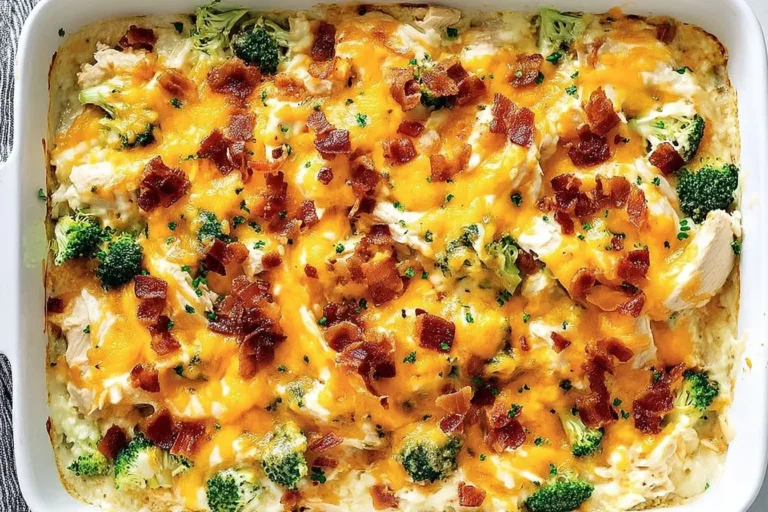 Low Carb Chicken Casserole with melted cheddar, broccoli, and crispy bacon in a white baking dish