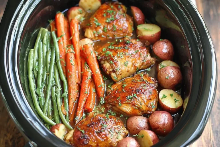 Slow Cooker Honey Garlic Chicken and Veggies with carrots, green beans, and baby potatoes in a rich honey garlic sauce.