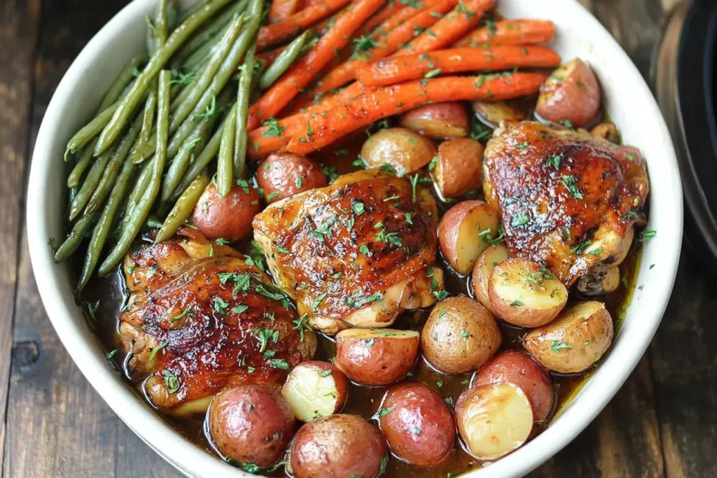 Slow Cooker Honey Garlic Chicken and Veggies served in a white dish with glazed chicken thighs, baby red potatoes, carrots, and green beans.