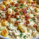 Creamy Crack Chicken Gnocchi in a bowl with golden gnocchi, crispy bacon pieces, and fresh herbs in a rich, cheesy cream sauce.