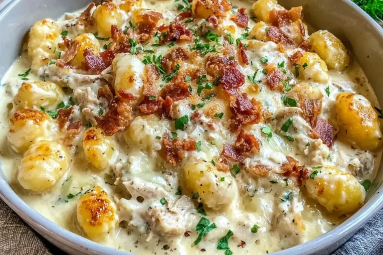 Creamy Crack Chicken Gnocchi in a bowl with golden gnocchi, crispy bacon pieces, and fresh herbs in a rich, cheesy cream sauce.
