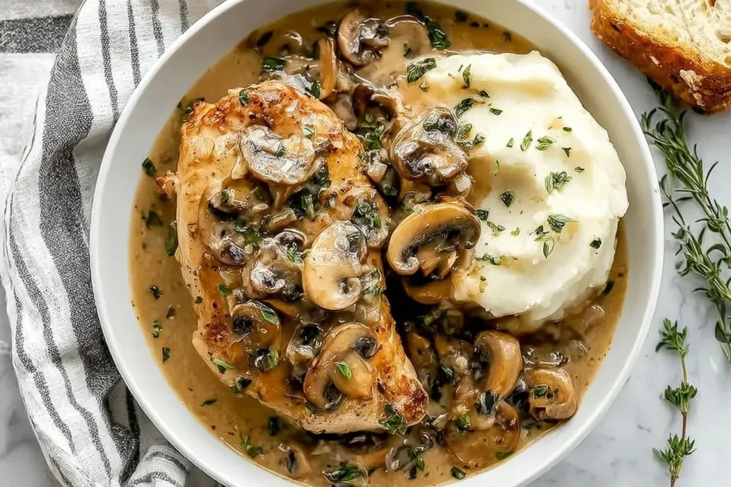 Mushroom Chicken served with creamy mashed potatoes and mushroom sauce in a white bowl