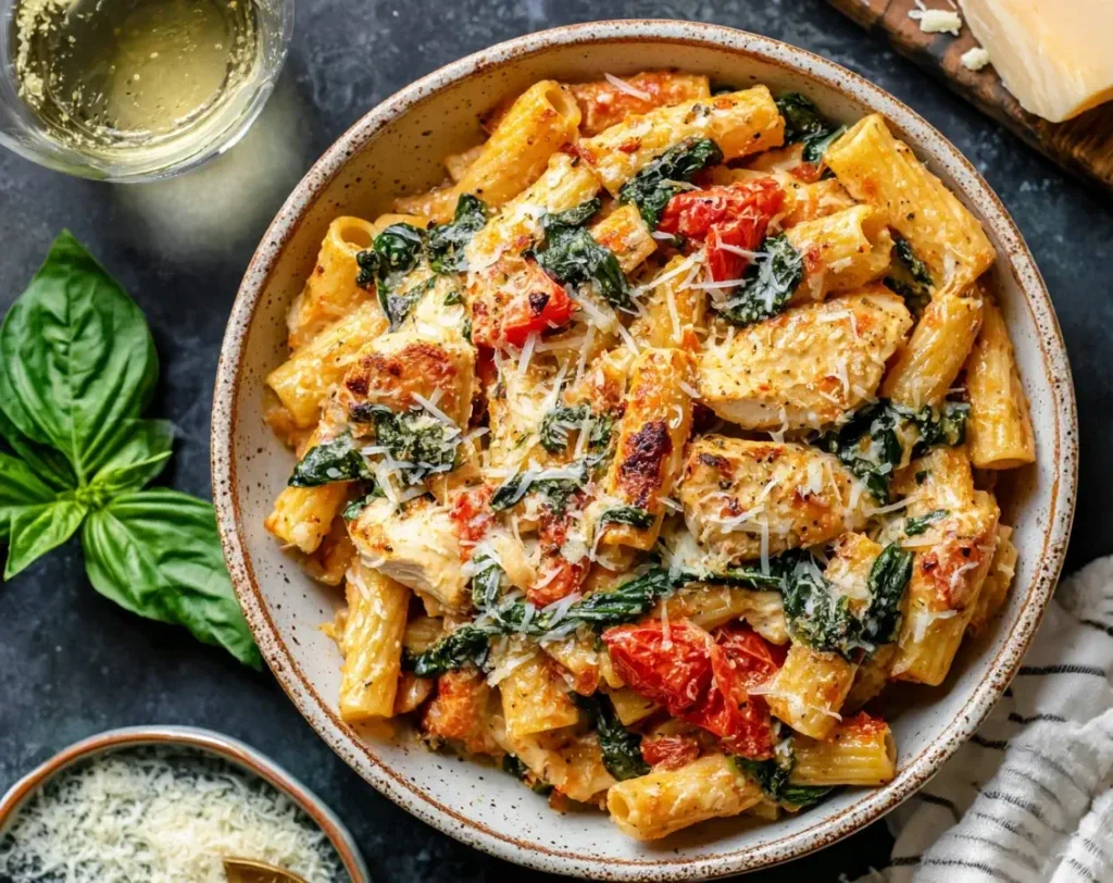 Bowl of Pesto Chicken Pasta Bake with rigatoni, roasted tomatoes, spinach, and grated Parmesan cheese.