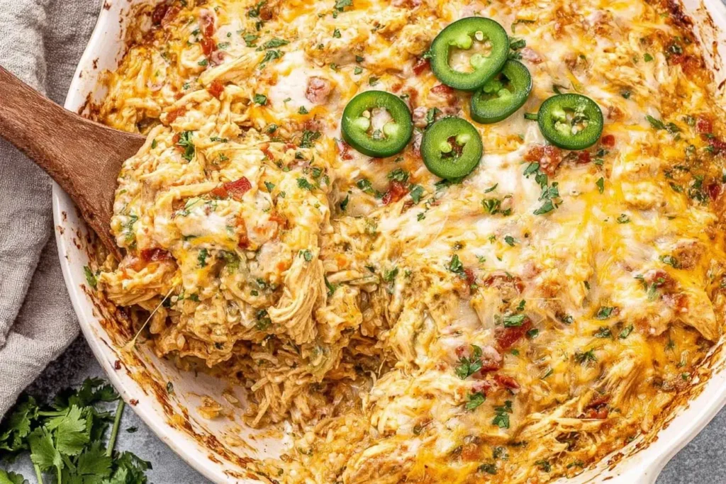 Cheesy Green Chile Chicken and Rice Casserole topped with sliced jalapeños and fresh herbs in a white baking dish.