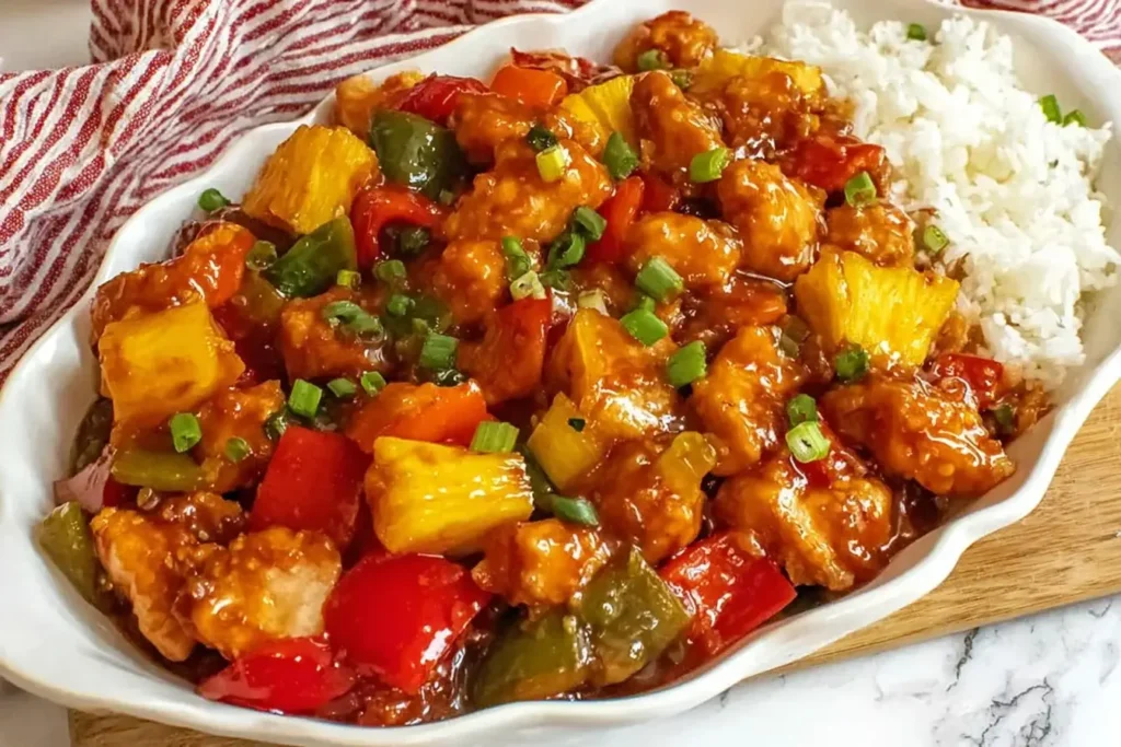 Sweet and Sour Chicken with bell peppers and pineapple served with white rice in a white dish