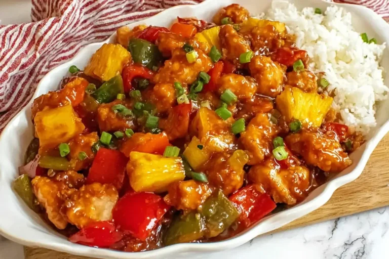 Sweet and Sour Chicken with bell peppers and pineapple served with white rice in a white dish