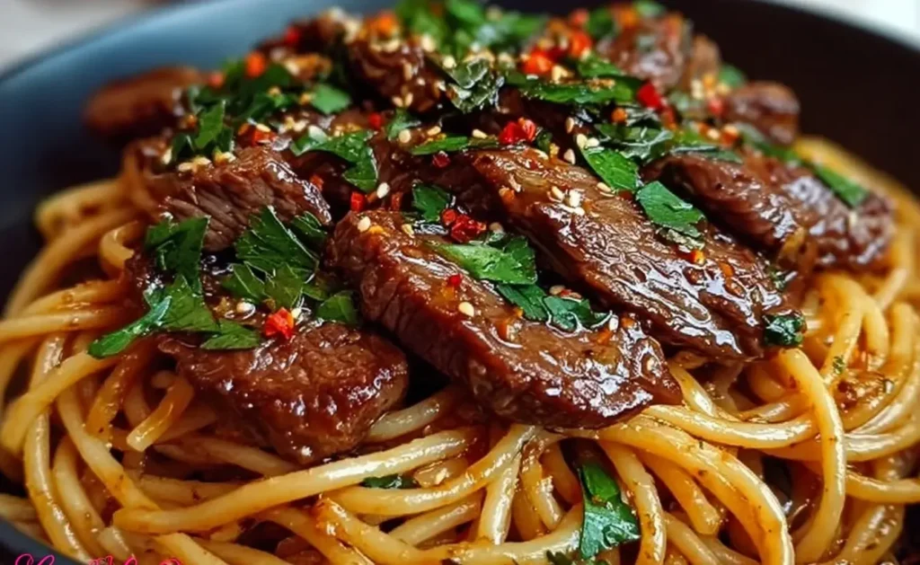 Sweet and Spicy Garlic Steak Pasta with juicy steak slices, vibrant herbs, and chili flakes atop glossy spaghetti noodles.