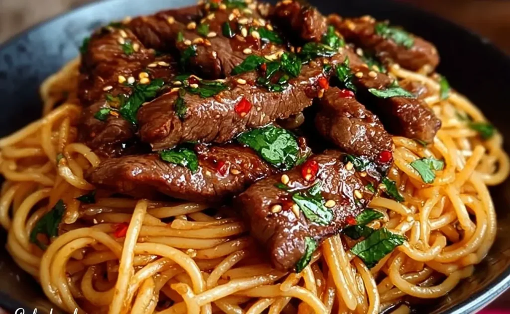 Sweet and Spicy Garlic Steak Pasta topped with tender steak strips, sesame seeds, and fresh herbs in a savory sauce.