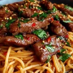 Sweet and Spicy Garlic Steak Pasta topped with tender steak strips, sesame seeds, and fresh herbs in a savory sauce.
