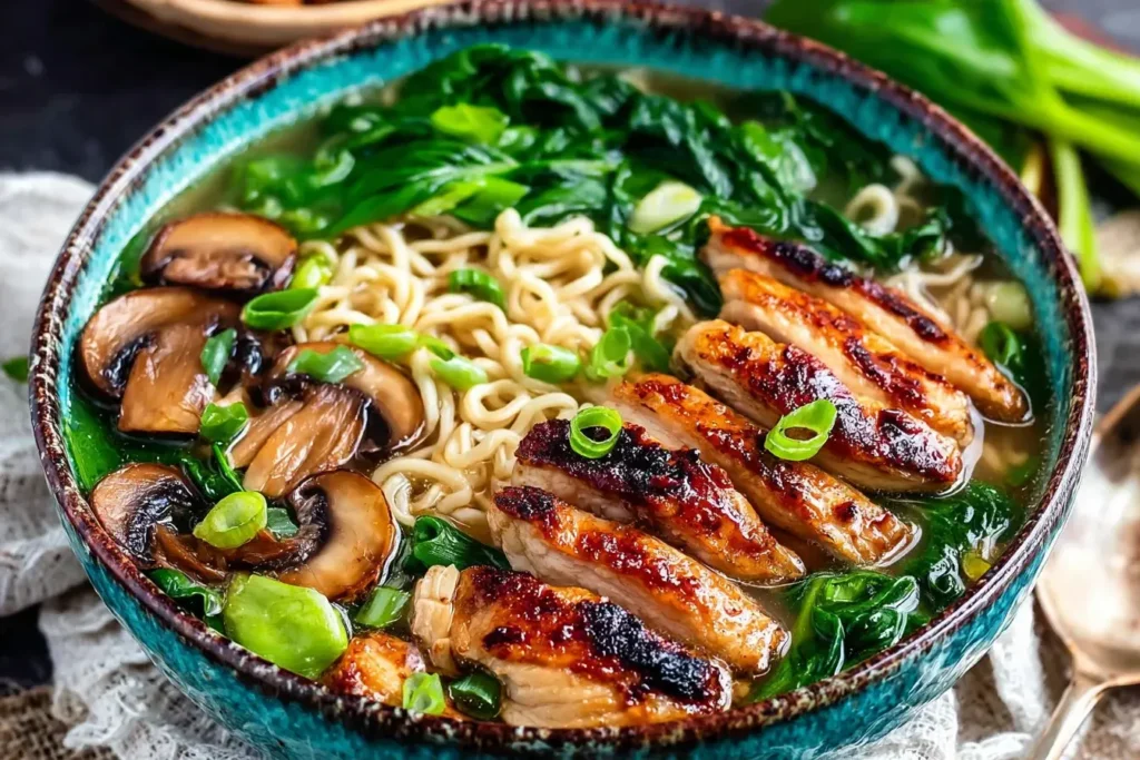 A close-up bowl of Ginger Glazed Chicken Ramen with sliced chicken, noodles, mushrooms, and fresh greens in savory broth.