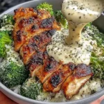 Grilled Chicken Broccoli Bowls with Creamy Garlic Sauce featuring sliced grilled chicken, steamed broccoli, rice, and herb-speckled garlic sauce being poured.
