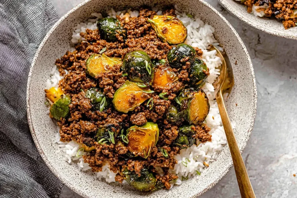 Ground Beef and Brussels Sprouts served over white rice in a bowl, topped with green onions and a savory sauce.