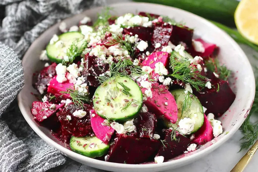 Beet Salad with Feta Cucumbers and Dill in a white bowl, showcasing vibrant red beets, fresh cucumber slices, crumbled feta, and dill.