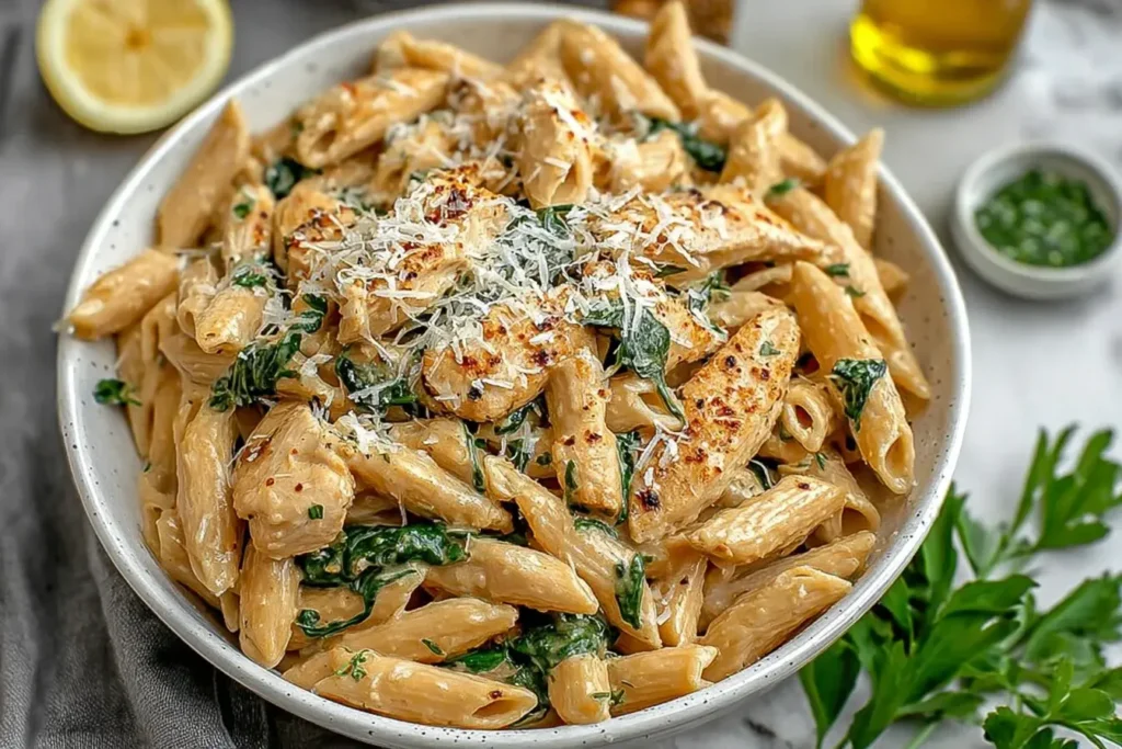 Bowl of Healthy Garlic Parmesan Chicken Pasta topped with grilled chicken, spinach, and shredded Parmesan cheese.
