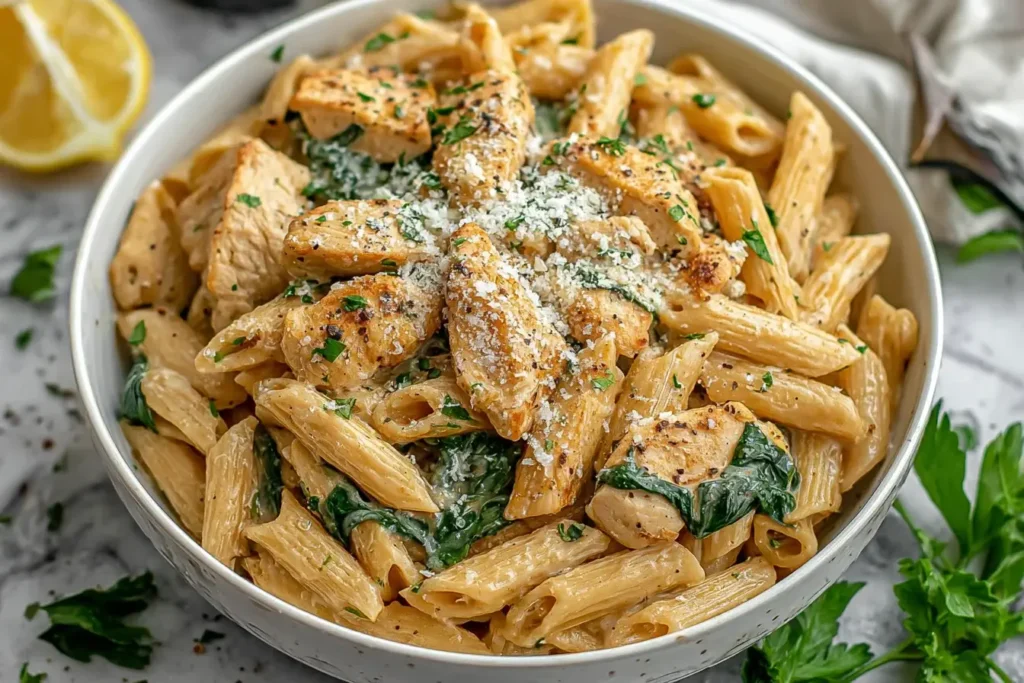 Creamy Healthy Garlic Parmesan Chicken Pasta with grilled chicken, spinach, and Parmesan served in a white bowl.