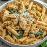 Creamy Healthy Garlic Parmesan Chicken Pasta with grilled chicken, spinach, and Parmesan served in a white bowl.