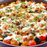 Caprese Chicken Zucchini Skillet with melted mozzarella, fresh basil, tomatoes, and zucchini in a skillet, bursting with vibrant colors and flavors.