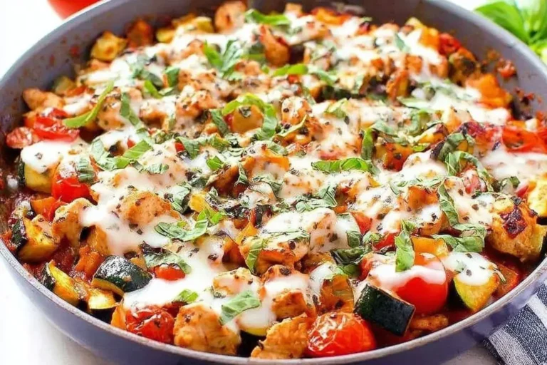 Caprese Chicken Zucchini Skillet with melted mozzarella, fresh basil, tomatoes, and zucchini in a skillet, bursting with vibrant colors and flavors.