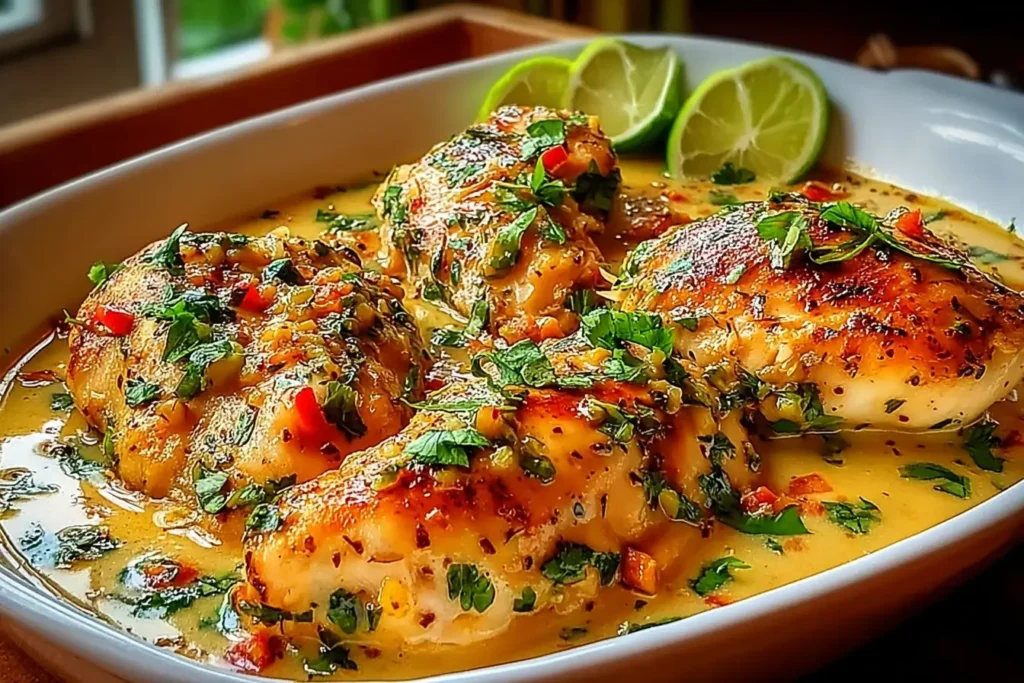 Brazilian Coconut Chicken in creamy coconut sauce garnished with fresh cilantro and lime slices