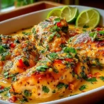 Brazilian Coconut Chicken in creamy coconut sauce garnished with fresh cilantro and lime slices