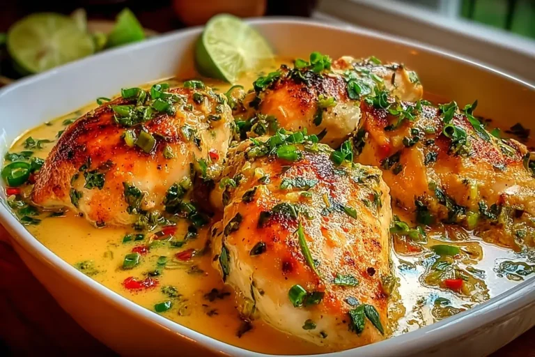 Brazilian Coconut Chicken in golden coconut sauce with fresh herbs and lime wedges