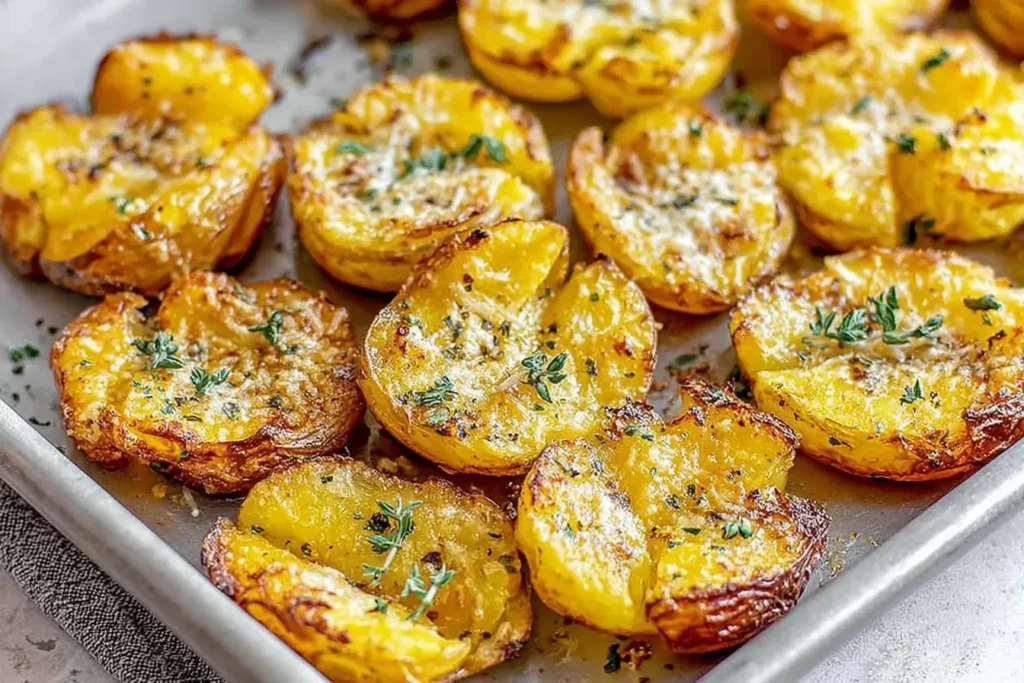 Golden crispy Garlic Parmesan Smashed Potatoes garnished with herbs on a baking sheet.
