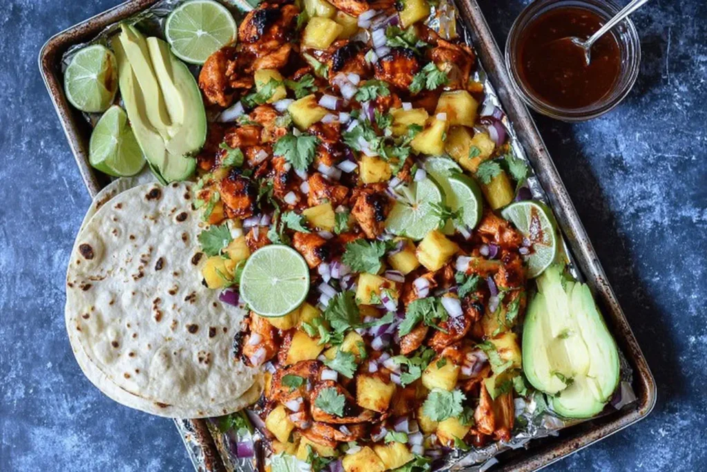 One Pan Chicken and Pineapple Tacos with juicy chicken, pineapple chunks, lime, avocado, and tortillas arranged on a baking tray