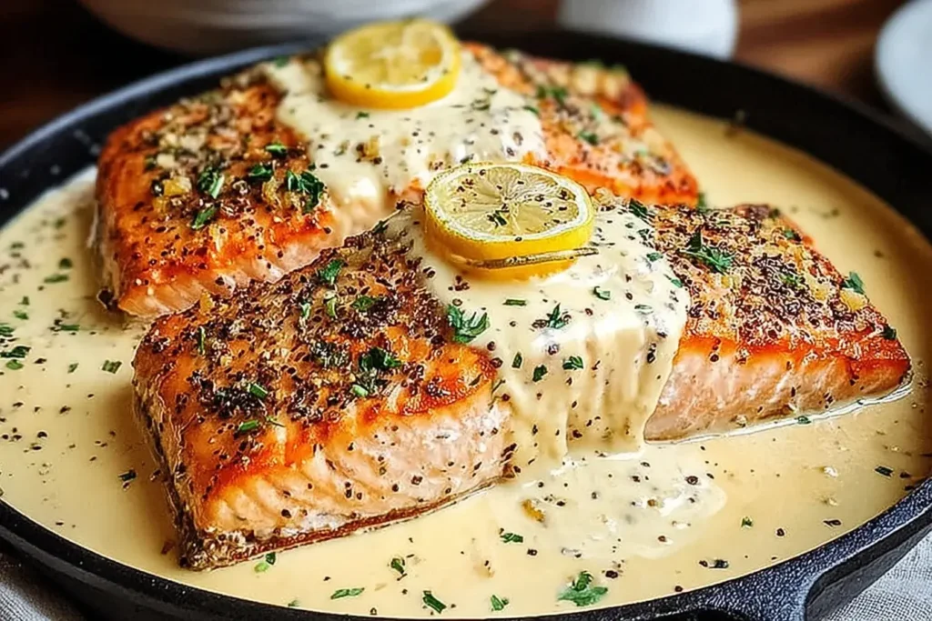Baked Boursin Salmon fillets with cracked pepper and creamy herb sauce, topped with lemon slices in a black skillet.