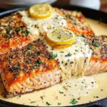 Baked Boursin Salmon fillets with cracked pepper and creamy herb sauce, topped with lemon slices in a black skillet.