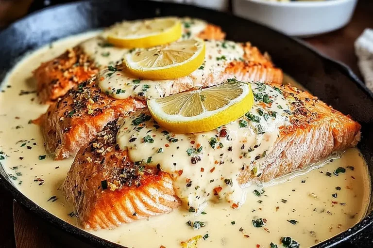 Baked Boursin Salmon fillets topped with creamy garlic herb sauce and lemon slices in a cast iron skillet.