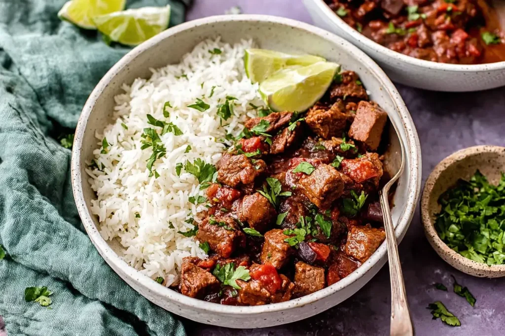 Carne Picada served with white rice, lime wedges, and fresh cilantro in a ceramic bowl