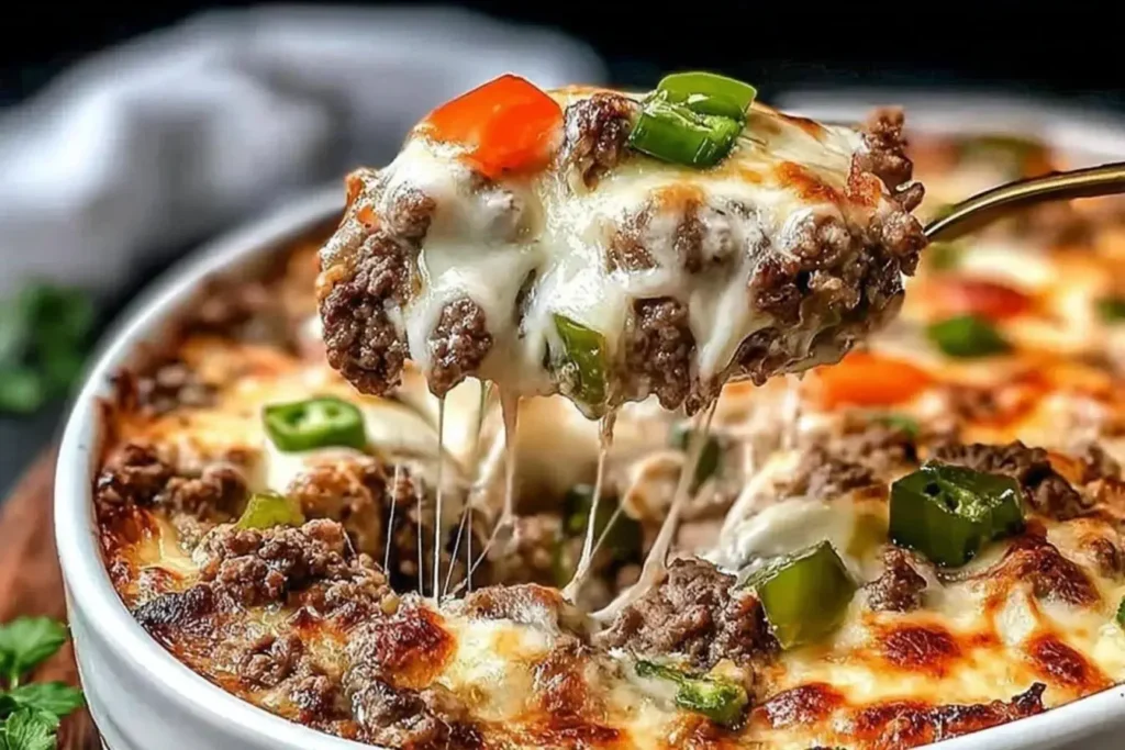 Spoonful of cheesy Low Carb Philly Cheesesteak Casserole lifted from a baked dish with gooey melted cheese, beef, and colorful peppers.