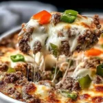Spoonful of cheesy Low Carb Philly Cheesesteak Casserole lifted from a baked dish with gooey melted cheese, beef, and colorful peppers.