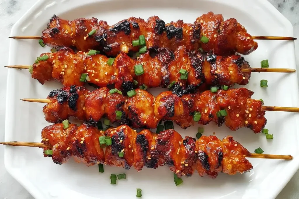 Charred Korean Chicken Skewers garnished with sesame seeds and green onions on a white platter.