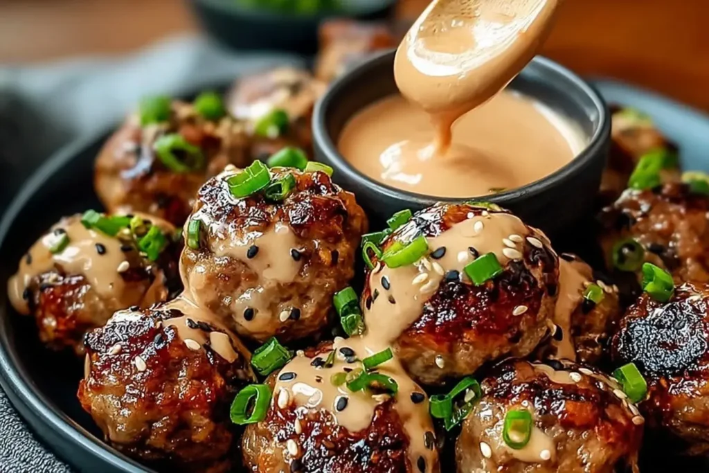 Korean BBQ Meatballs with Spicy Mayo Dip served with sesame seeds, green onions, and dipping sauce in a black bowl