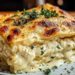 Creamy White Chicken Lasagna slice topped with golden melted cheese and fresh parsley, served on a white plate.