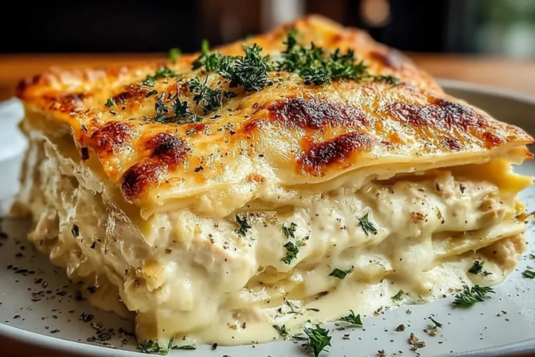 Creamy White Chicken Lasagna slice topped with golden melted cheese and fresh parsley, served on a white plate.