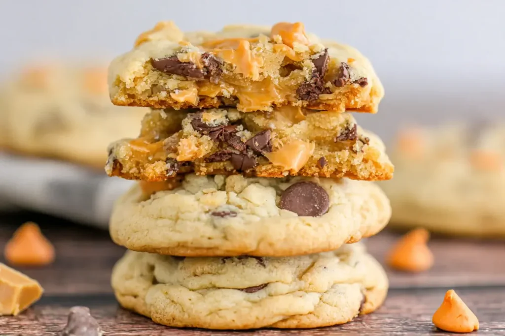 Stack of Butterscotch Chocolate Chip Cookies showing gooey butterscotch and melted chocolate chips inside soft cookies
