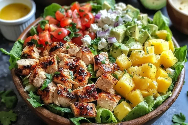 Hawaiian Chicken Salad with grilled chicken, pineapple chunks, avocado, tomatoes, and lettuce in a wooden bowl