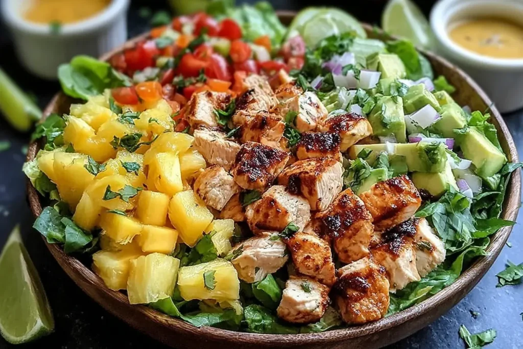 Hawaiian Chicken Salad with grilled chicken, pineapple chunks, avocado, tomatoes, red onion, and lettuce in a wooden bowl