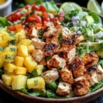 Hawaiian Chicken Salad with grilled chicken, pineapple chunks, avocado, tomatoes, red onion, and lettuce in a wooden bowl