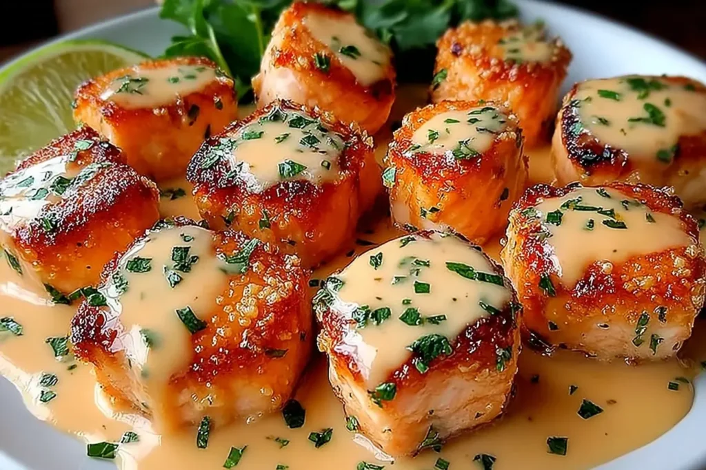 “Crispy Bang Bang Salmon Bites glazed with creamy sauce, garnished with herbs, and served with lime wedges on a white plate.
