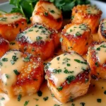 “Crispy Bang Bang Salmon Bites glazed with creamy sauce, garnished with herbs, and served with lime wedges on a white plate.
