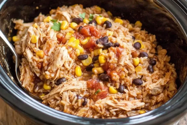 Slow Cooker Chicken Burrito Bowls with shredded chicken, black beans, corn, and rice in a crockpot