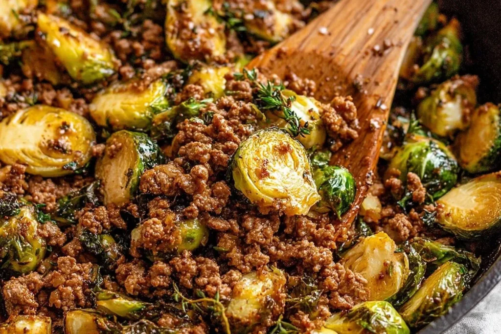 Ground Beef and Brussels Sprouts skillet with caramelized Brussels sprouts and seasoned beef, cooked to perfection in one pan.