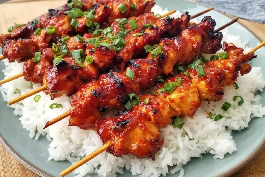 Grilled Korean Chicken Skewers topped with green onions, served over white rice on a plate.