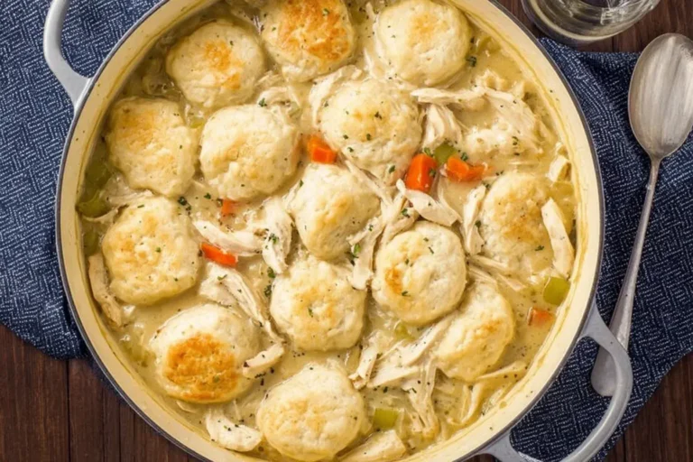 Chicken and Dumplings with fluffy biscuits in creamy broth, served in a pot