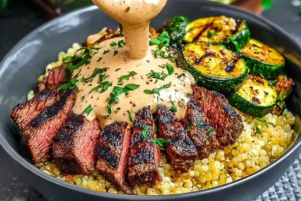 Grilled Steak Bowl with Creamy Sauce and Grilled Zucchini served over fluffy grains, with sauce drizzled over sliced steak and zucchini