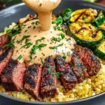 Grilled Steak Bowl with Creamy Sauce and Grilled Zucchini served over fluffy grains, with sauce drizzled over sliced steak and zucchini